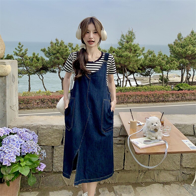 减龄条纹T恤宽松牛仔背带裙套装女2025夏季新款设计感小众两件套,女装套装/套裙,2C269