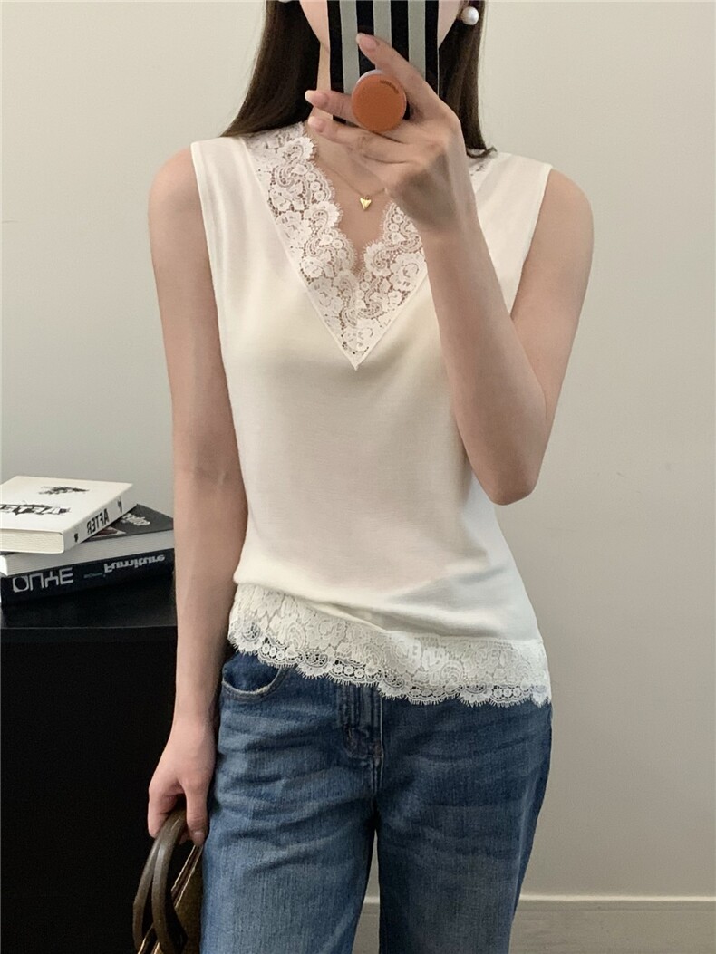 背心女2025新款外穿针织无袖衫内搭精纺超薄水溶蕾丝吊带,女装背心吊带,缘满羊绒
