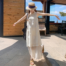 假两件荷叶边拼接无袖背心连衣裙女夏2025新款白色超好看独特长裙，女装连衣裙，2C201