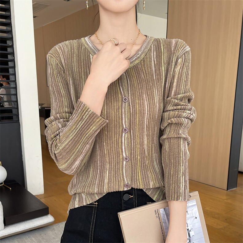 开衫长袖2024年秋季条纹拼接显瘦单排扣针织衫，女装针织衫/毛衣，圣丽羊绒