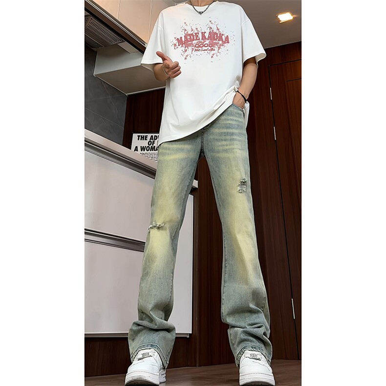 B221美式ins高街暗黑高品质微喇破洞弹力牛仔裤LK24191-P65控88,男装牛仔裤,电商B221