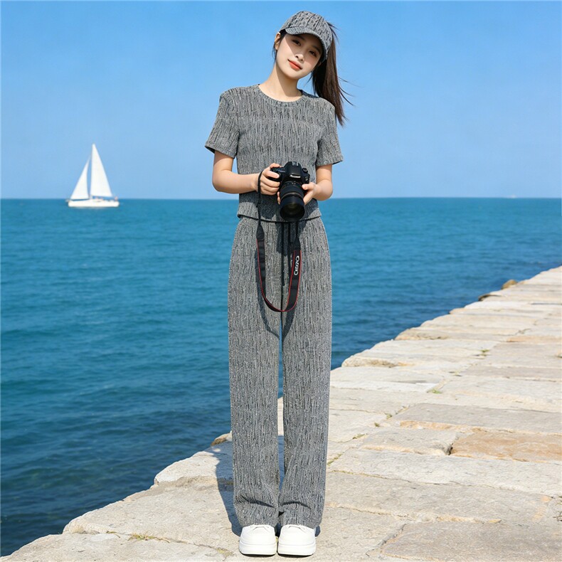 潮流时尚气质套装女夏季新款欧货重工慵懒风灰色短袖阔腿裤两件套,女装套装/套裙,江南