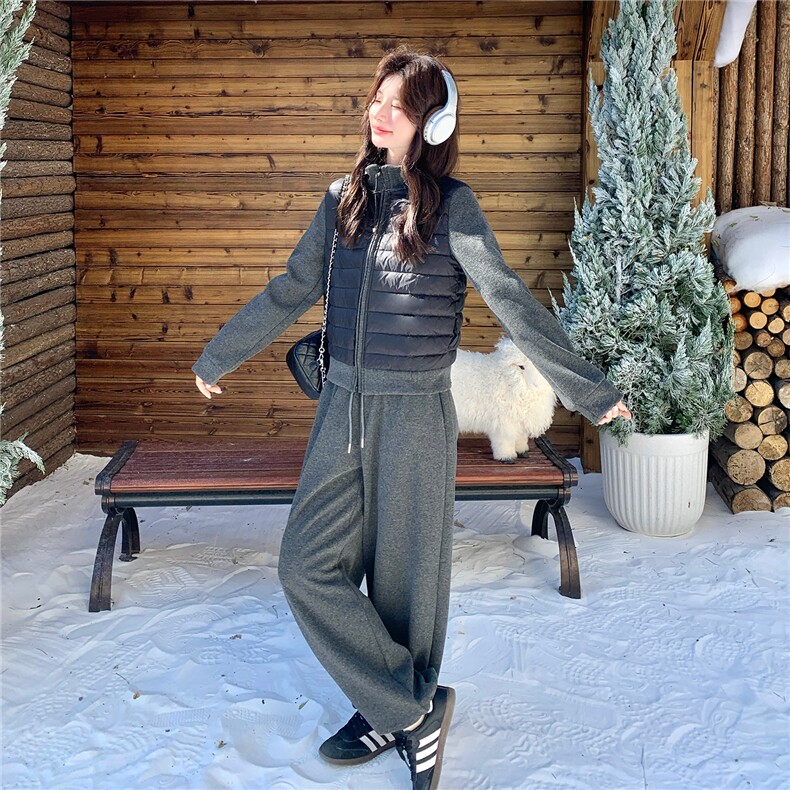 拼接立领排骨羽绒服女休闲运动加绒套装慵懒两件套5181-P260-K388,女装套装/套裙,2C126