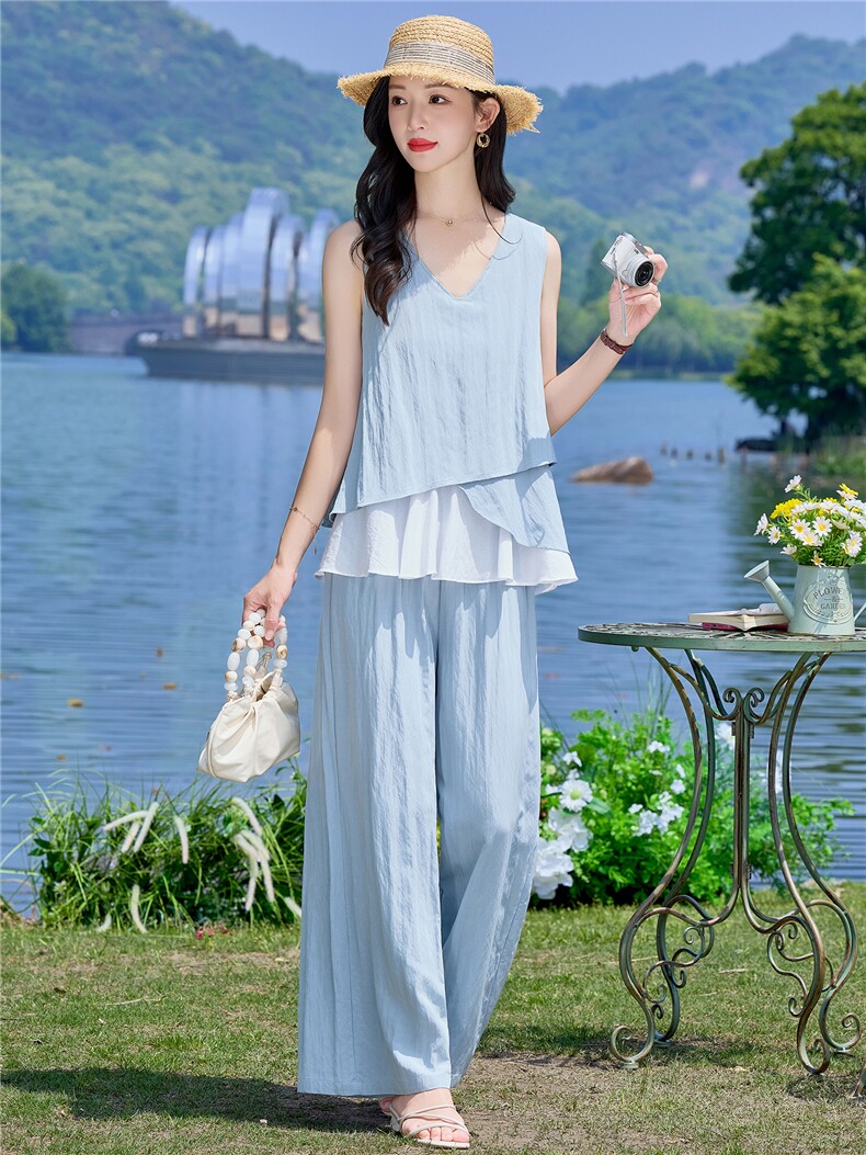 （新款现货）2026夏装时尚莱赛尔花苞假两件上衣阔腿裤套装两件套,女装套装/套裙,印象茜