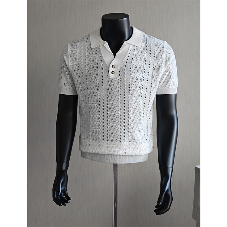 盗图老钱风冰丝提花镂空翻领针织短袖POLO衫E77133/P58控88，男装T恤，电商A243