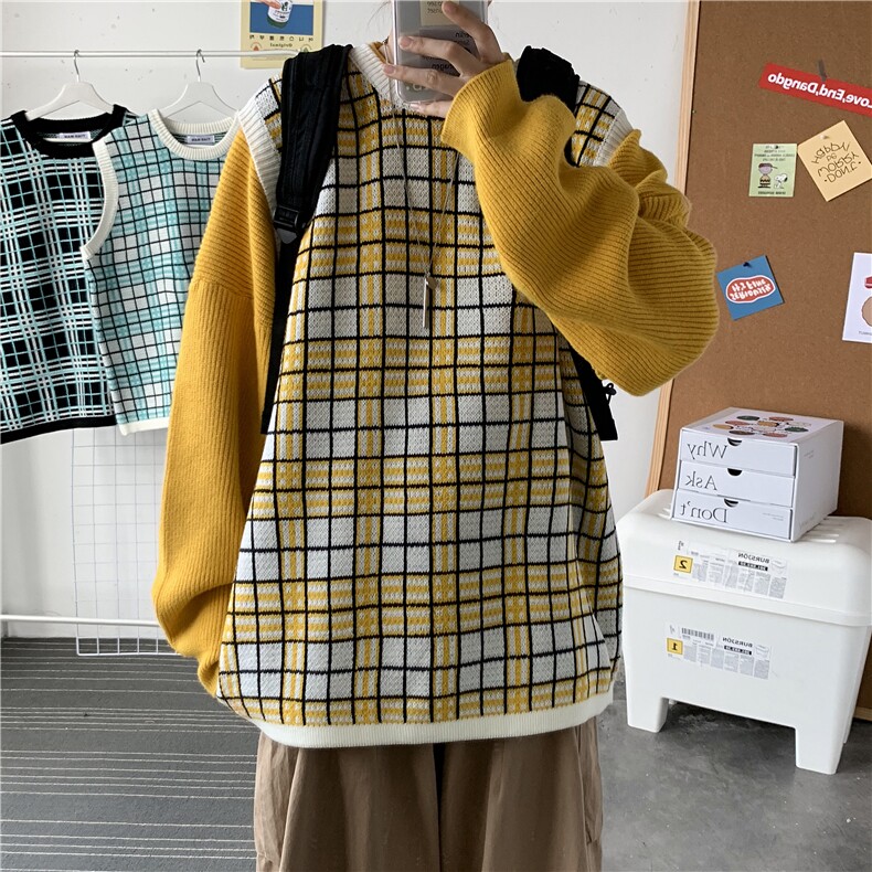 秋冬学院风小清新格子外搭毛衣背心男女宽松韩版打底衫T801-P55，男装针织衫/毛衣，星座1501