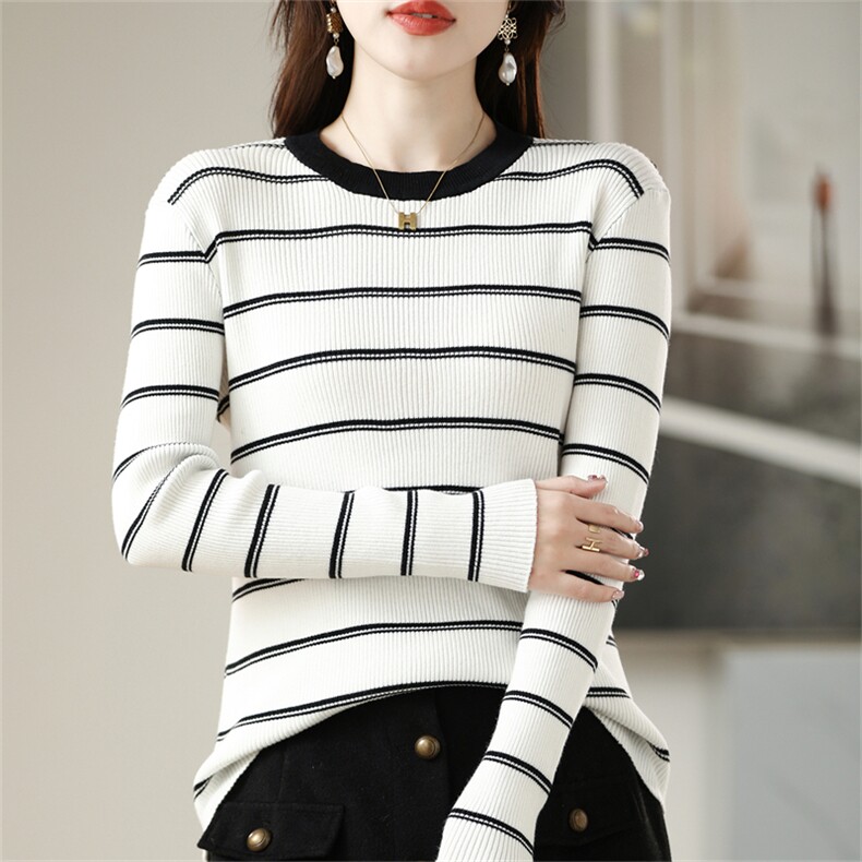 2025年秋季新款抽条拼色条纹针织上衣时尚休闲通勤百搭，女装针织衫/毛衣，阁惠羊绒