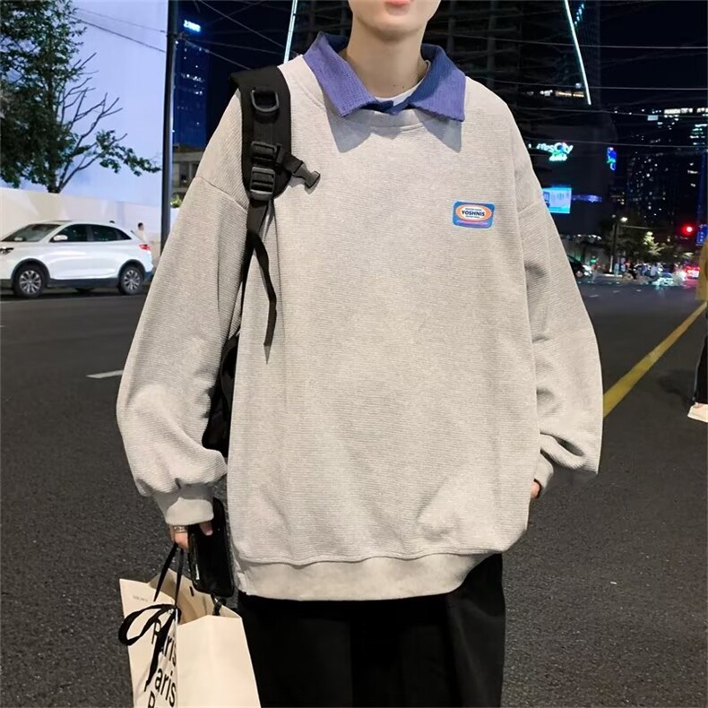 春秋季假两件古着polo领卫衣男日系华夫格oversize外套 W6954-P28图片