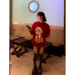 红色圣诞小狗软糯马海毛毛衣女秋冬慵懒风新年针织衫MY03985-P58图片