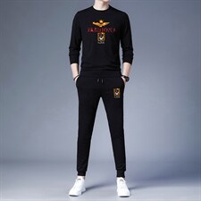 印花套装男春秋季宽松加绒长袖圆领卫衣高端中年男士休闲两件套，男装休闲套装，电商B212（原钱塘6029）