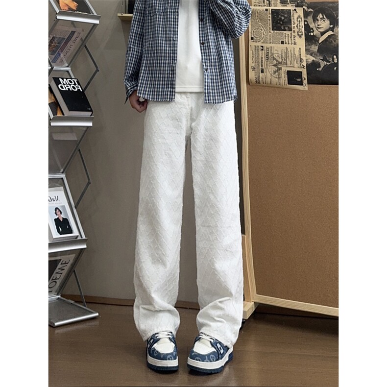 B221美式ins宽松直筒格子休闲白色牛仔裤LK25579-特P45控78,男装牛仔裤,电商B221
