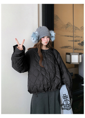百搭洋气减龄保暖厚上衣菱格叠褶花苞袖短款外套冬，女装棉衣/棉服，2D008