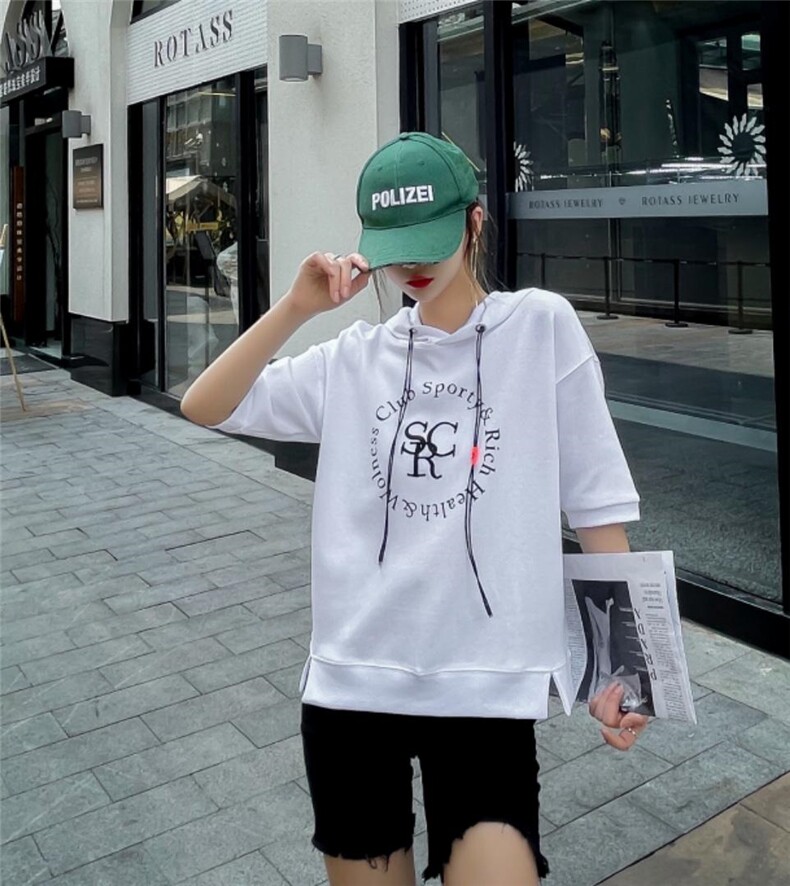 现货戴帽短袖卫衣，女装卫衣/绒衫，E·贝空间