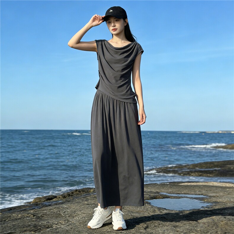 个性简约时尚套装裙女夏季新款圆领褶皱设计短袖上衣半身裙两件套,女装套装/套裙,江南