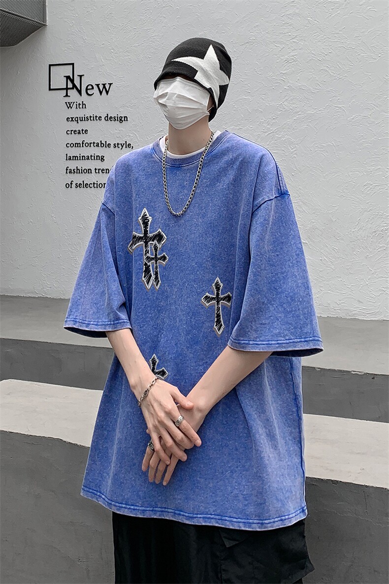 B239-1129-P38美式十字架印花复古水洗做旧落肩袖短袖T恤上衣,男装T恤,星座514-2(原B239)