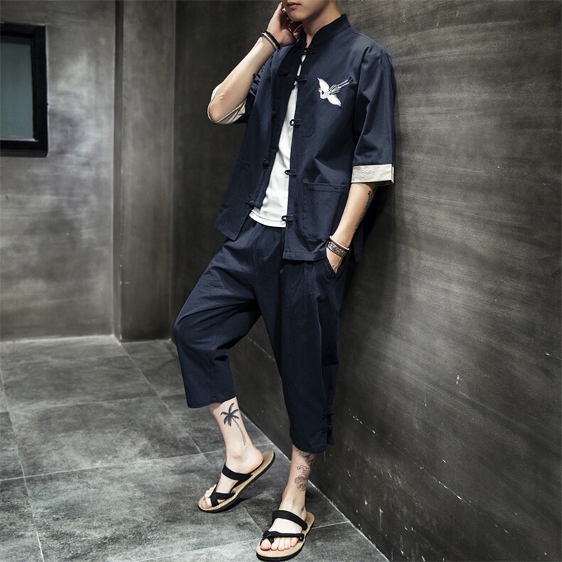 唐装男青年风男装汉服男套装七分袖春装刺绣中山装A812P85，男装休闲套装，钱塘788(原4013)