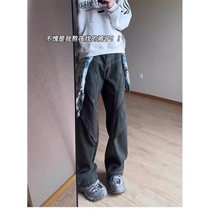 美式复古高腰微喇叭牛仔裤女春秋款辣妹高街设计感宽松窄版直筒裤图片