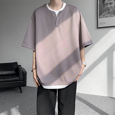 8XL-M重磅斜纹假两件短袖t恤男夏季薄款宽松大码半袖体恤DT006P45，男装T恤，电商B312