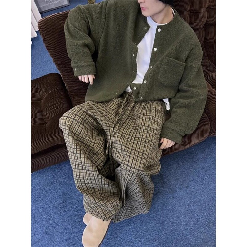 暗军绿格纹抽绳慵懒弯刀裤阔腿休闲裤垂坠感拖地长裤KZ741特P39,男装休闲裤,星座908-1