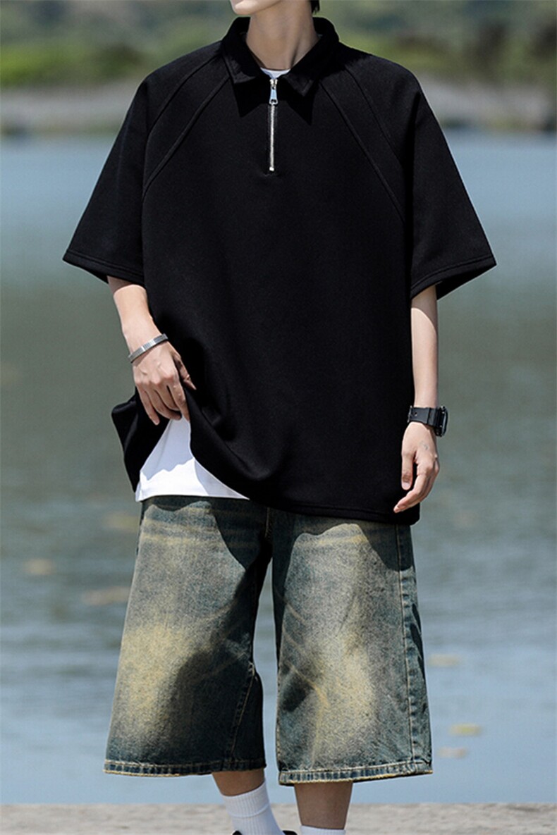 8XL-M半拉链t恤短袖POLO衫男款夏季美式翻领宽松大码半袖DT008P45,男装T恤,电商B312