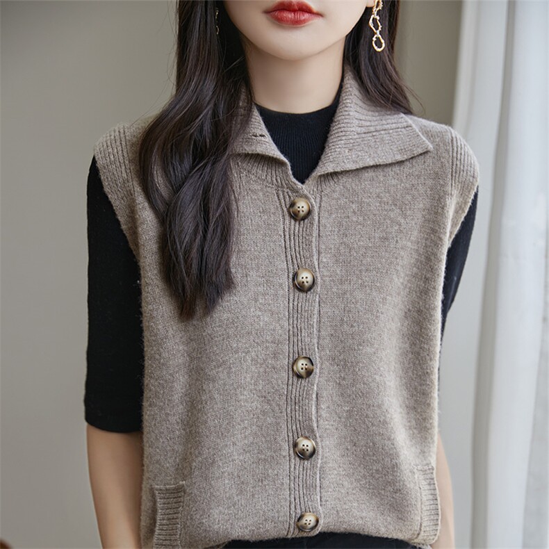 时尚百搭七针开衫马甲优雅显瘦羊毛无袖外套，女装马甲，宏杨羊绒