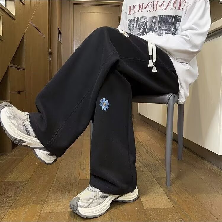 立体小花刺绣直筒宽松水洗牛仔裤男女美式复古情侣设计感阔腿长裤,女装休闲裤,星座1210-1