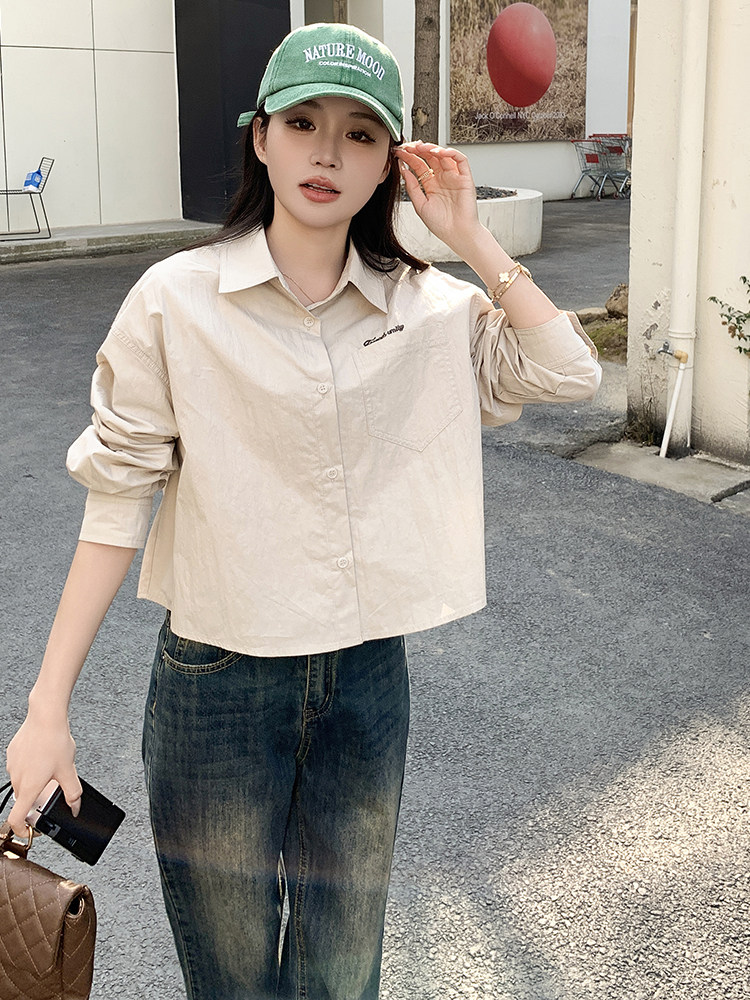 时尚新品短款淡粉色棉衬衫女字母口袋宽松休闲衬衣百搭休闲上衣长,女装衬衫,鑫慧