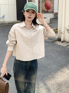时尚新品短款淡粉色棉衬衫女字母口袋宽松休闲衬衣百搭休闲上衣长图片