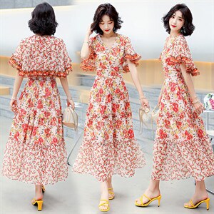 碎花连衣裙中长款女2024年夏季新款收腰显瘦蚕丝皱气质淑女印花裙,女装连衣裙,妙形