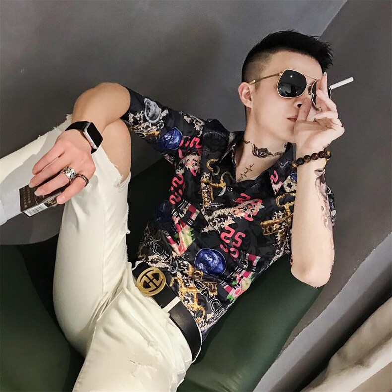 夏季男士七分袖印花衬衫男休闲修身碎花衬衣A236-1991-P55,男装衬衫,电商A236