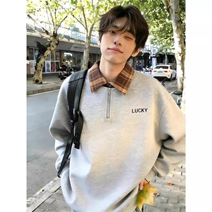 网图现货足 半拉链衬衫领假两件polo衫卫衣男长袖T恤W19特P42图片