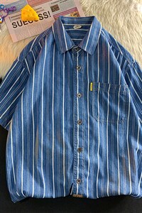22港风流行夏季宽松男女情侣条纹短袖衬衫上衣   E805 P55限78图片