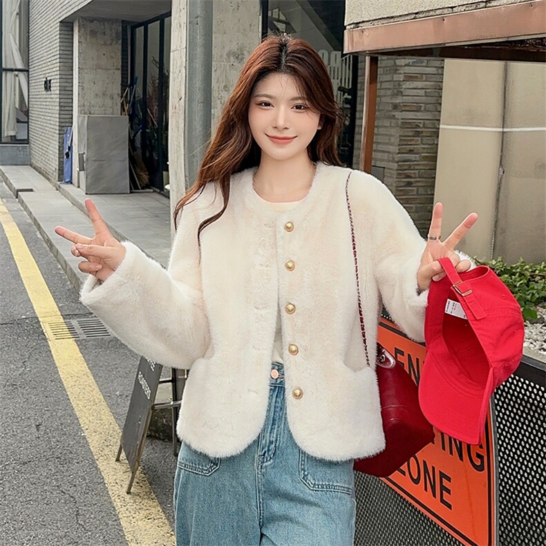圆领皮毛一体上衣显瘦短款仿皮草2025秋冬新款气质毛呢外套,女装短外套,2C229