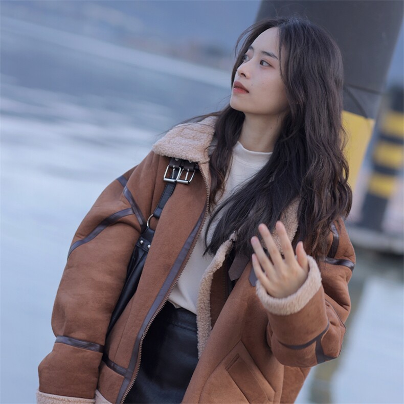 机车服皮毛一体羊羔毛外套女2025冬麂皮绒夹克羊羔绒棉服C596-120,男装夹克,星座911-2(原星座613-2）