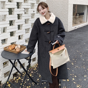 羊羔毛领牛角扣毛呢外套女2025冬季中长款学院风宽松显瘦灰色大衣图片