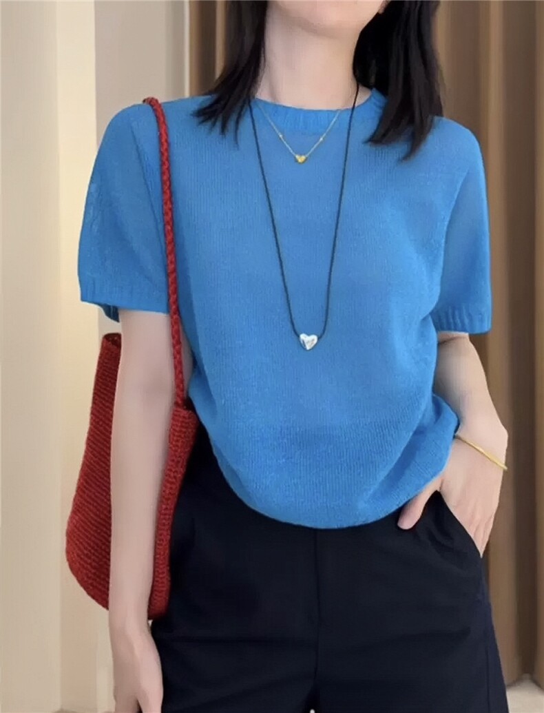 新款透气圆领正肩显瘦短袖针织衫,女装T恤,湘姗