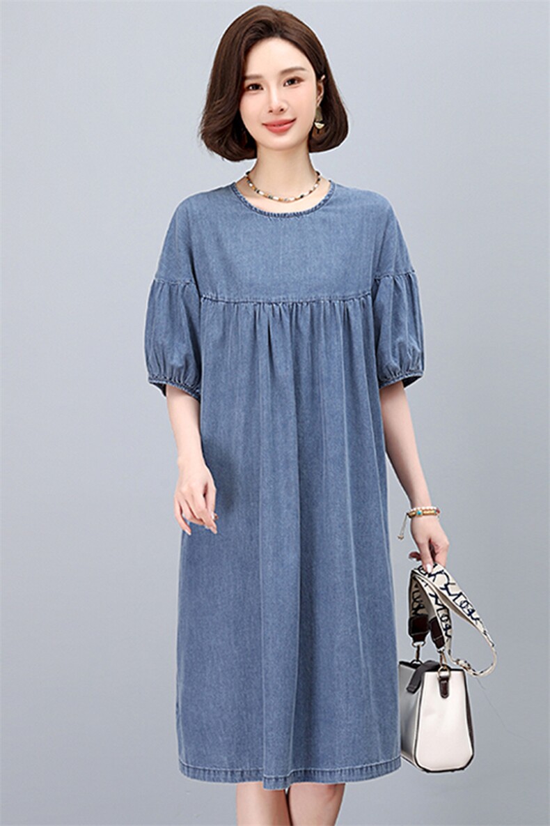 中年妈妈牛仔连衣裙女中长款2025夏季新款宽松遮肚子显瘦减龄裙子,女装连衣裙,悦见她