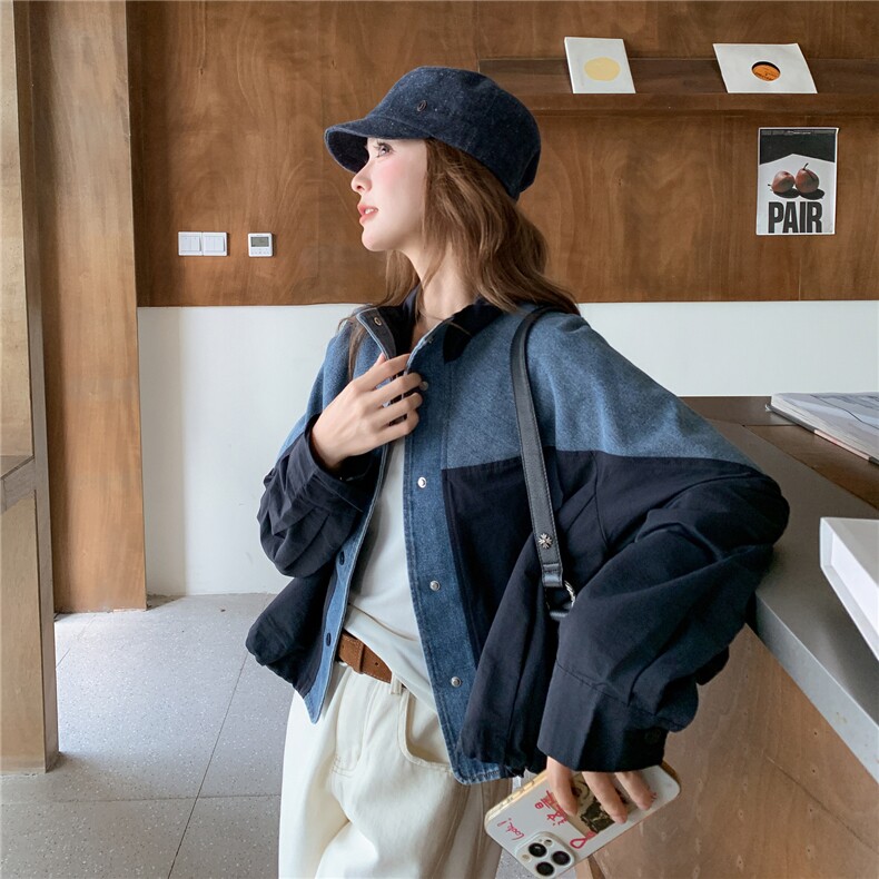 韩系撞色牛仔拼接外套女2025秋季新款小个子宽松休闲百搭夹克上衣图片