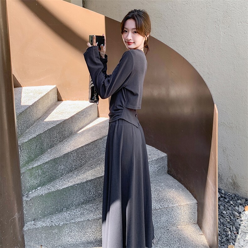 法式气质设计感修身上衣套装女2025春秋季新款显瘦高腰长裙两件套,女装套装/套裙,C位