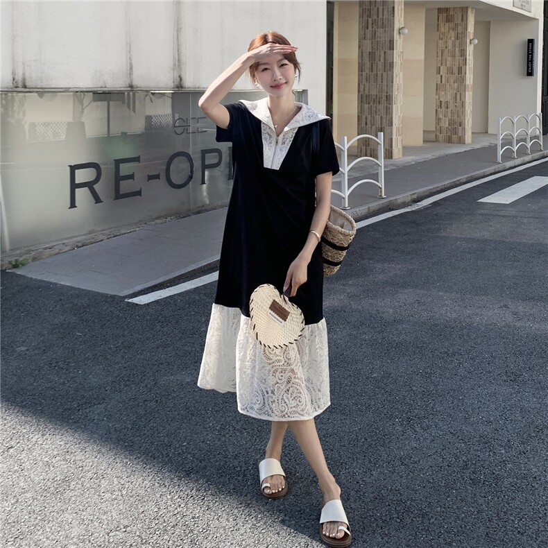 黑色蕾丝拼接连衣裙女中长款2025夏新款法式显瘦气质设计感鱼尾裙，女装连衣裙，秋水欣儿