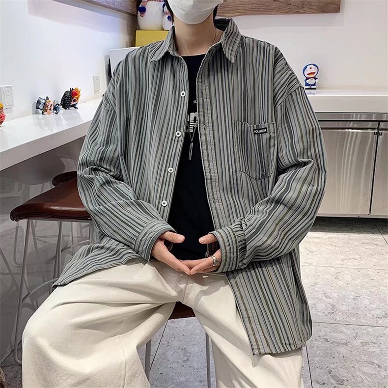 日系宽松条纹衬衫男春秋痞帅ins休闲衬衣C14P33,男装衬衫,星座1116-2