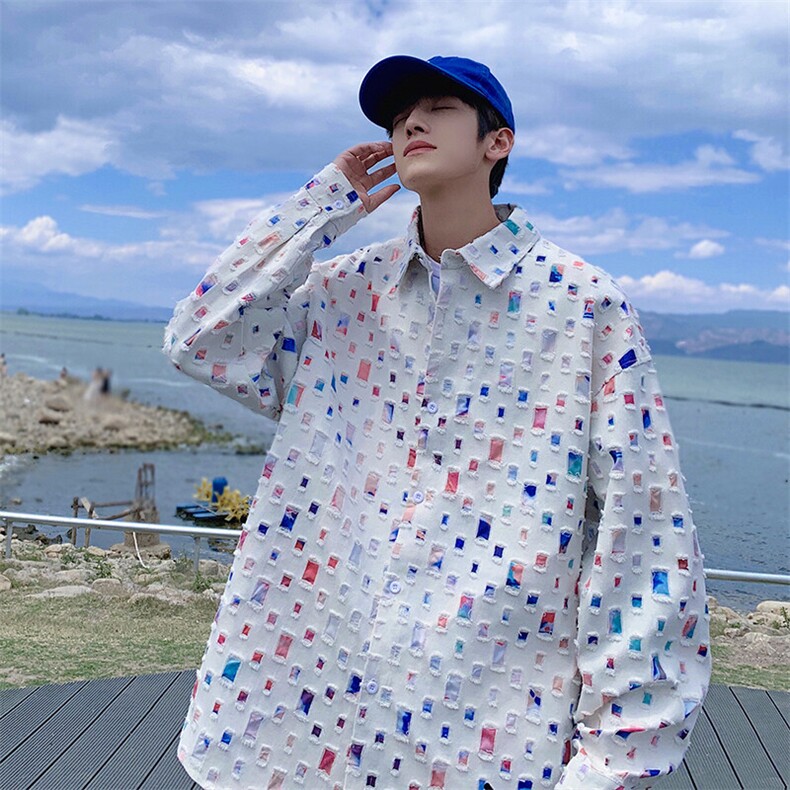 特P50无差价2024港风高街棋盘格长袖衬衫男拼色大码衬衣外套C848，男装衬衫，电商A001