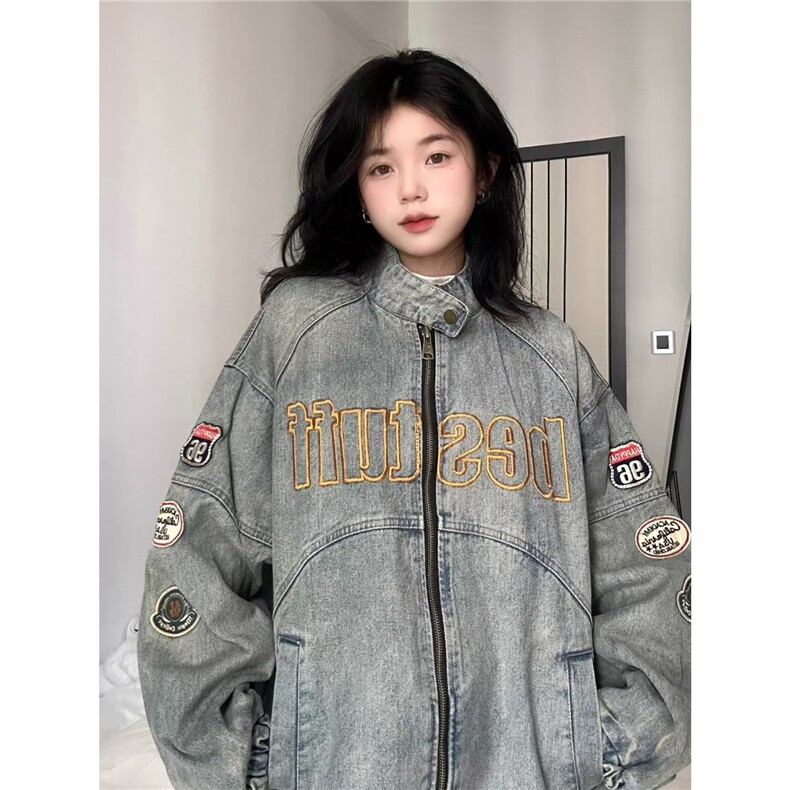 美式复古机车风vintage牛仔外套女2025春秋款刺绣重工夹克宽松潮,男装工装外套,星座1210-1
