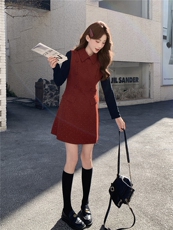 现货韩系高级感红呢料马甲+针织打底套装女2026春装新款两件套裙，女装套装/套裙，魅影