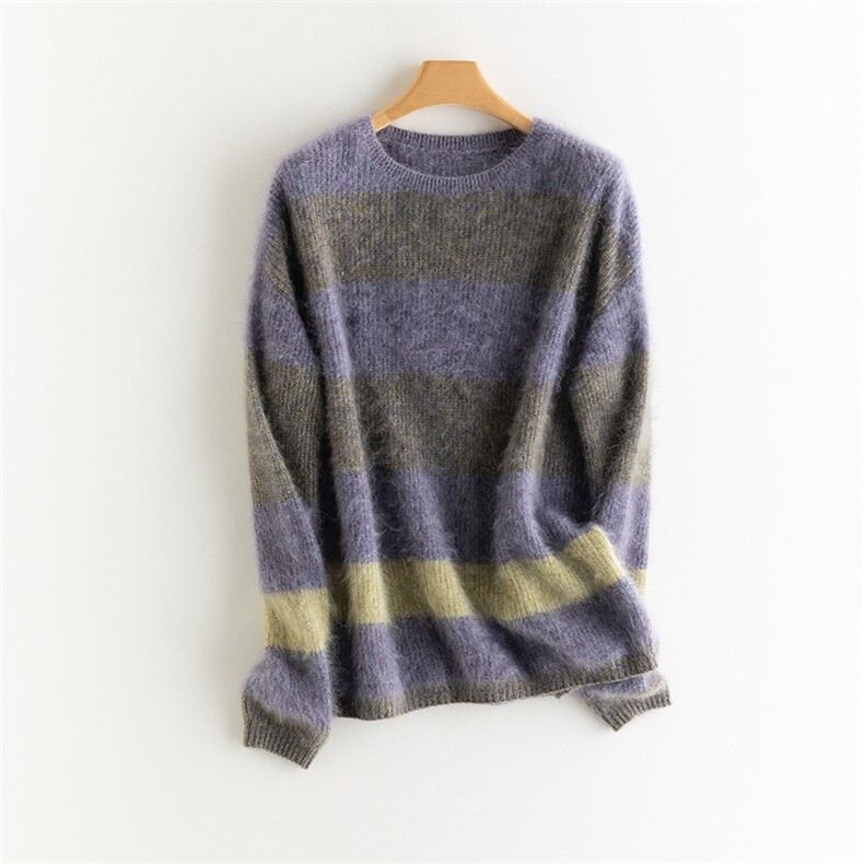2025年秋季套头时尚百搭通勤简约休闲圆领紫灰条纹套头，女装羊绒衫，致织羊绒