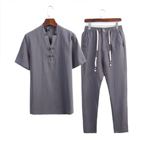 DY21*夏季男士棉麻古风短袖T恤中老年套装唐装两件套 黑色 *P55图片