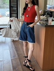 夏季高腰蕾丝花边阔腿牛仔短裤休闲直筒中裤，女装休闲裤，湘姗