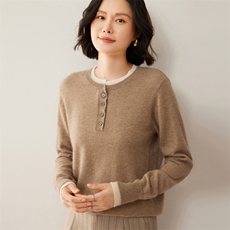 时尚百搭贝壳扣假两件女士衫优雅显瘦10%长袖毛衣，女装羊绒衫，昭美羊绒