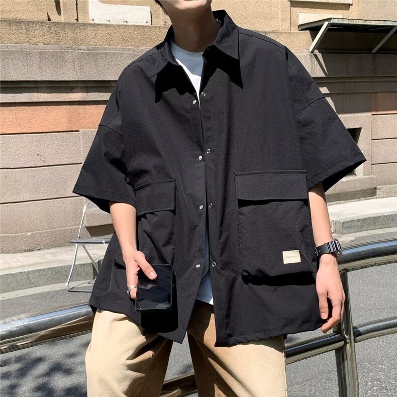 工装短袖衬衫男夏季设计感五分袖衬衣潮牌痞帅休闲外套CS0308-P35,男装衬衫,星座308B-2