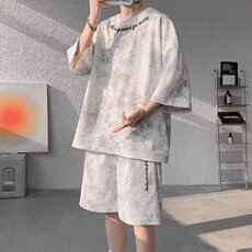 美式高街扎染套装男生痞帅设计感刺绣t恤夏季潮牌大码短袖短裤男，男装休闲套装，星座1210-1